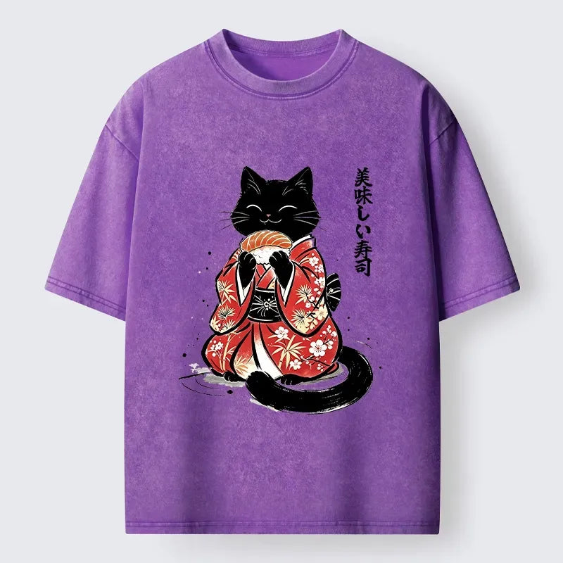 Japanese Black Cat Washed T-Shirt
