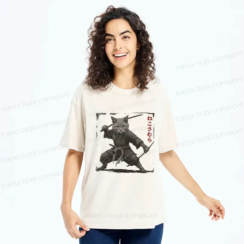Kyoto-Lion Handsome Cat Samurai Washed T-Shirt