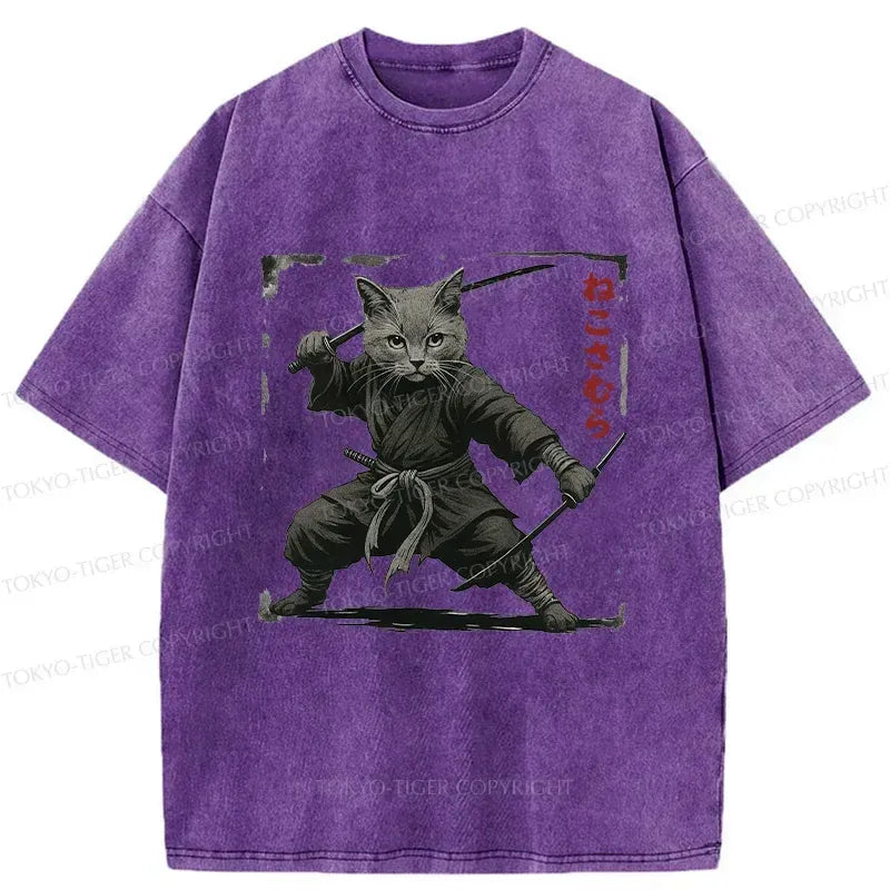 Handsome Cat Samurai Washed T-Shirt