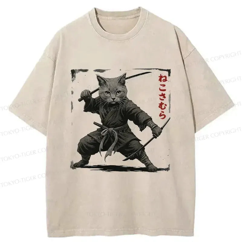 Handsome Cat Samurai Washed T-Shirt