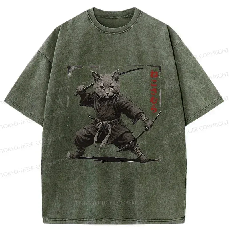 Kyoto-Lion Handsome Cat Samurai Washed T-Shirt