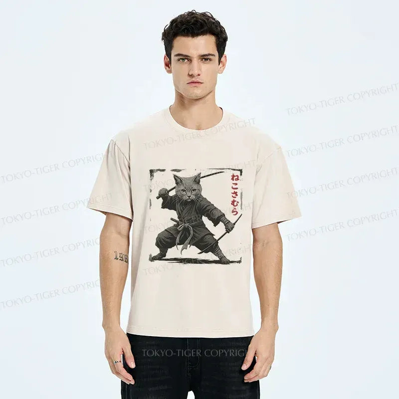 Kyoto-Lion Handsome Cat Samurai Washed T-Shirt