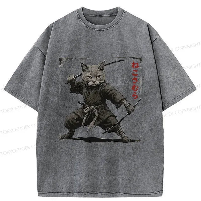 Kyoto-Lion Handsome Cat Samurai Washed T-Shirt