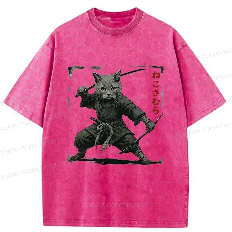 Kyoto-Lion Handsome Cat Samurai Washed T-Shirt