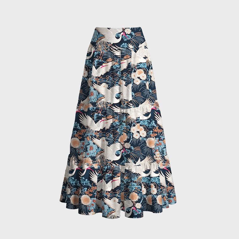 Kyoto-Lion Cranes And Chrysanthemums Maxi Skirt