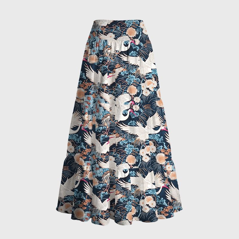 Kyoto-Lion Cranes And Chrysanthemums Maxi Skirt