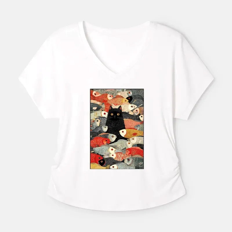 Kyoto-Lion Cats And Fish Modal Dolman Sleeve T-Shirt