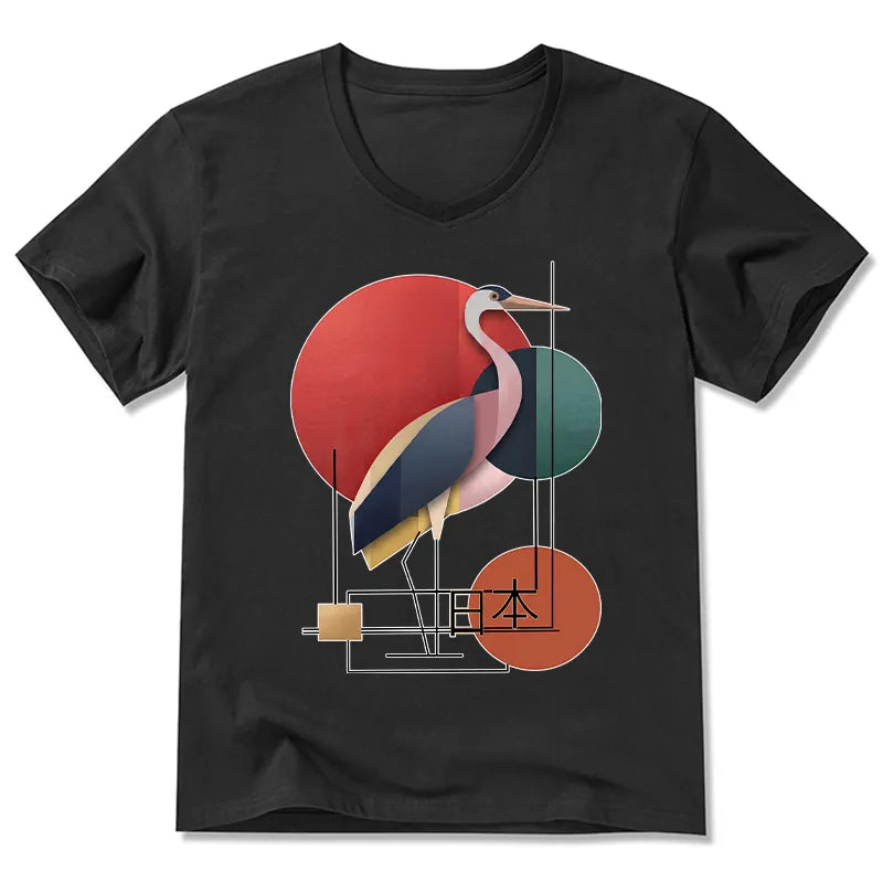 Kyoto-Lion Geometric Crane Art V-Neck Classic T-Shirt