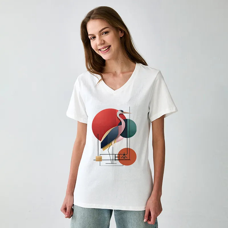 Kyoto-Lion Geometric Crane Art V-Neck Classic T-Shirt