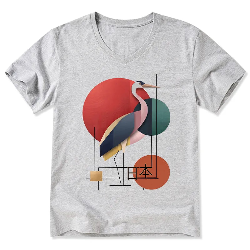 Kyoto-Lion Geometric Crane Art V-Neck Classic T-Shirt