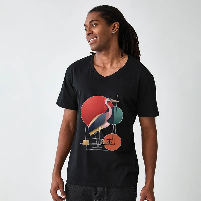 Kyoto-Lion Geometric Crane Art V-Neck Classic T-Shirt