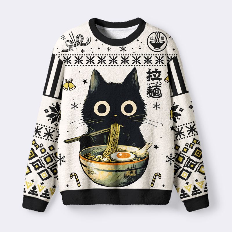 Kyoto-Lion Cute Black Cat Eating Ramen Japan Fuzzy Christmas Ugly Sweatshirt
