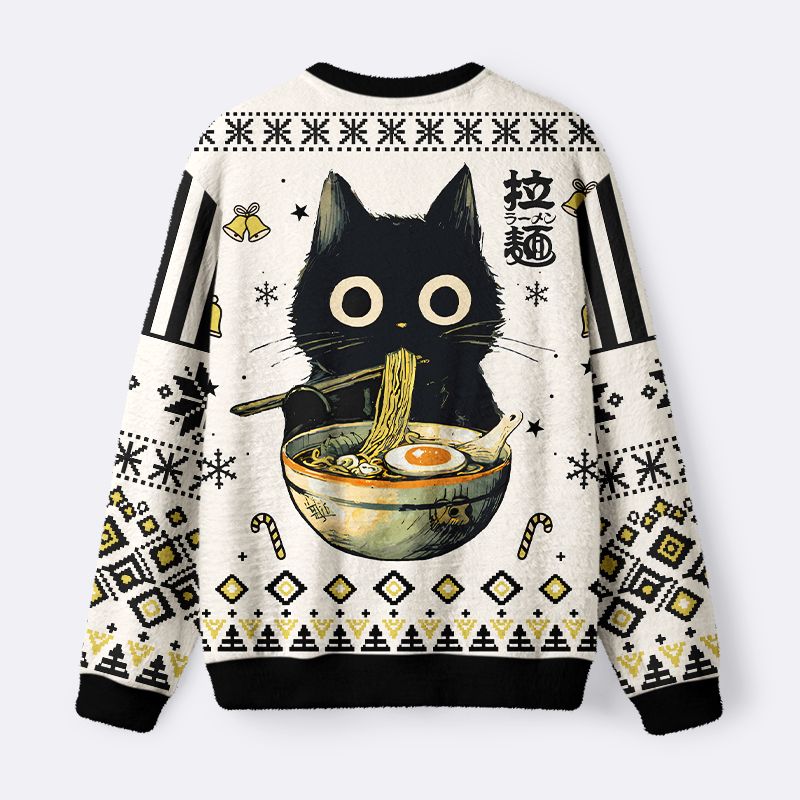 Kyoto-Lion Cute Black Cat Eating Ramen Japan Fuzzy Christmas Ugly Sweatshirt