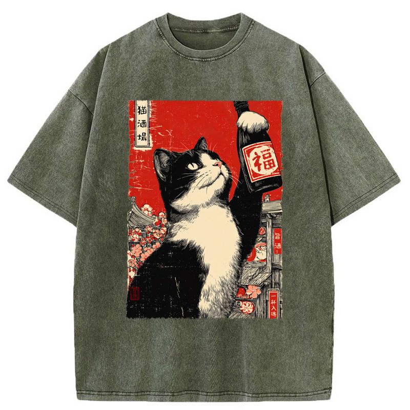 Kyoto-Lion The Sake Cat Washed T-Shirt