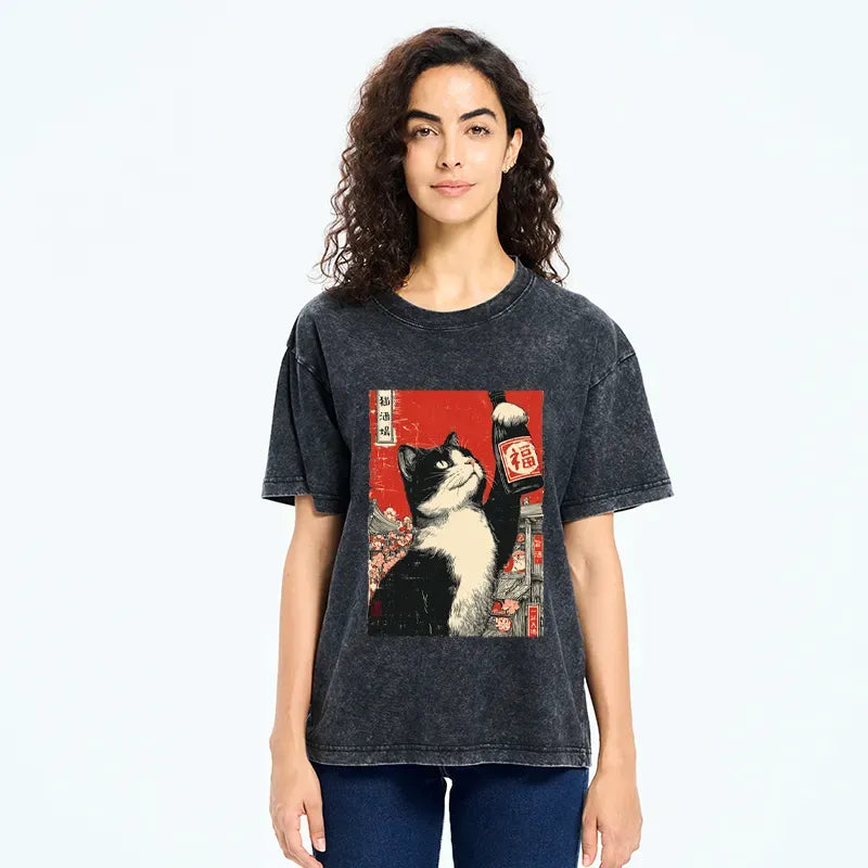 Japanese Cat Washed T-Shirt Gift Idea