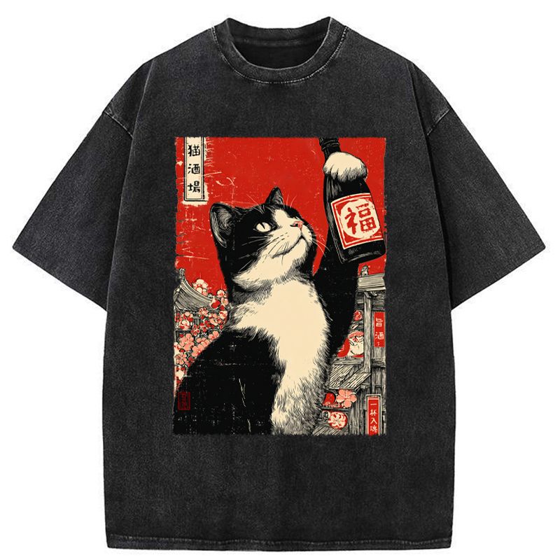 Kyoto-Lion The Sake Cat Washed T-Shirt