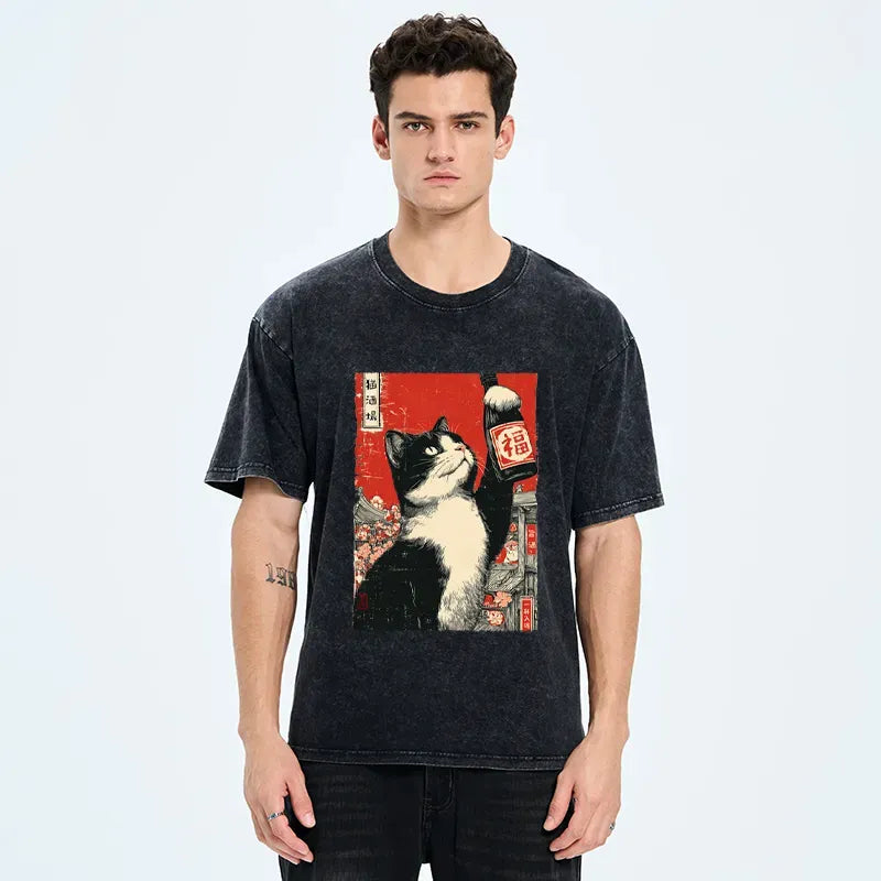 Kyoto-Lion The Sake Cat Washed T-Shirt