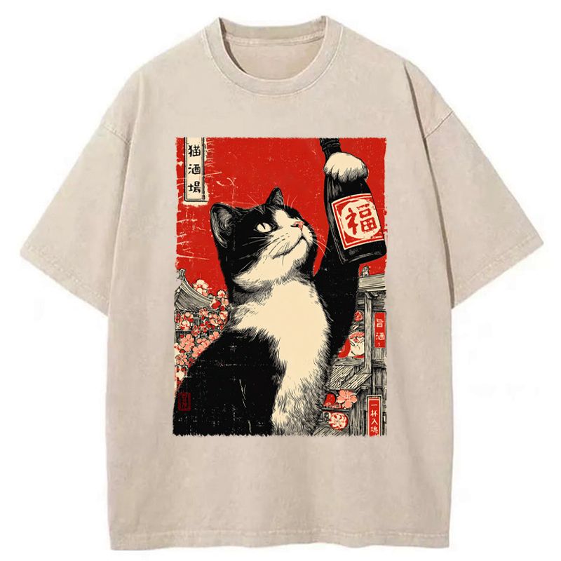 Japanese Cat Washed T-Shirt Gift Idea