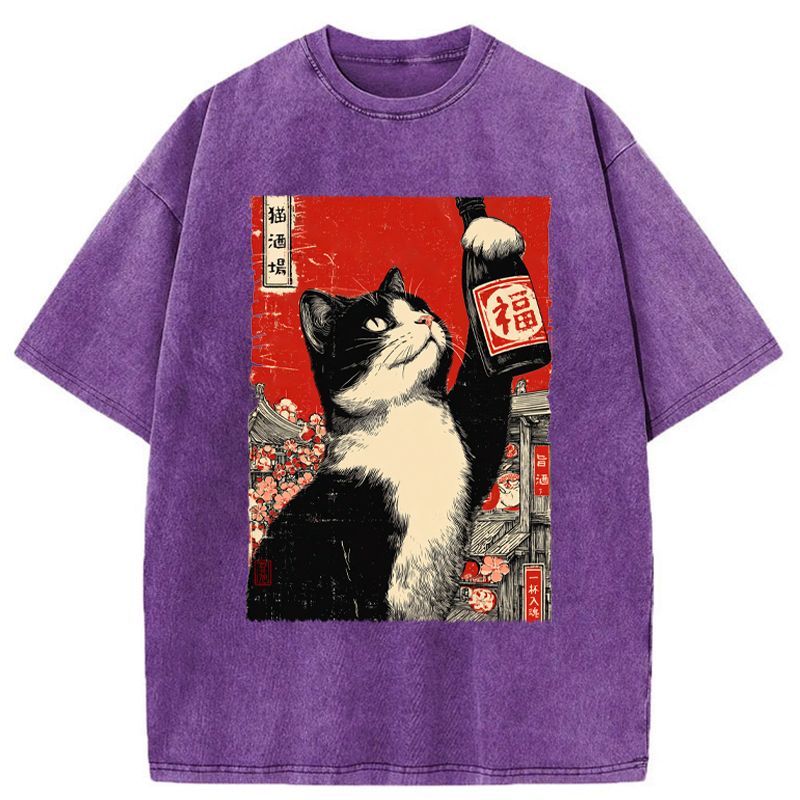Japanese Cat Washed T-Shirt Gift Idea