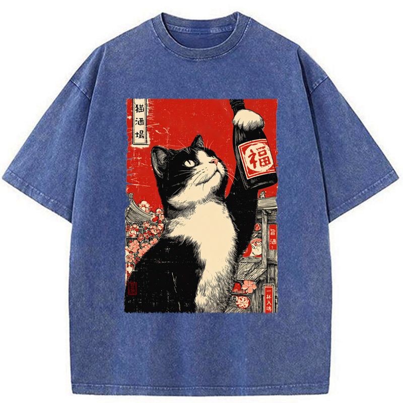 Kyoto-Lion The Sake Cat Washed T-Shirt