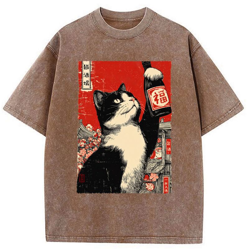 Japanese Cat Washed T-Shirt Gift Idea