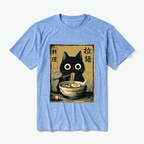Kyoto-Lion Cute Black Cat Eating Ramen Japan Cotton Blend T-Shirt