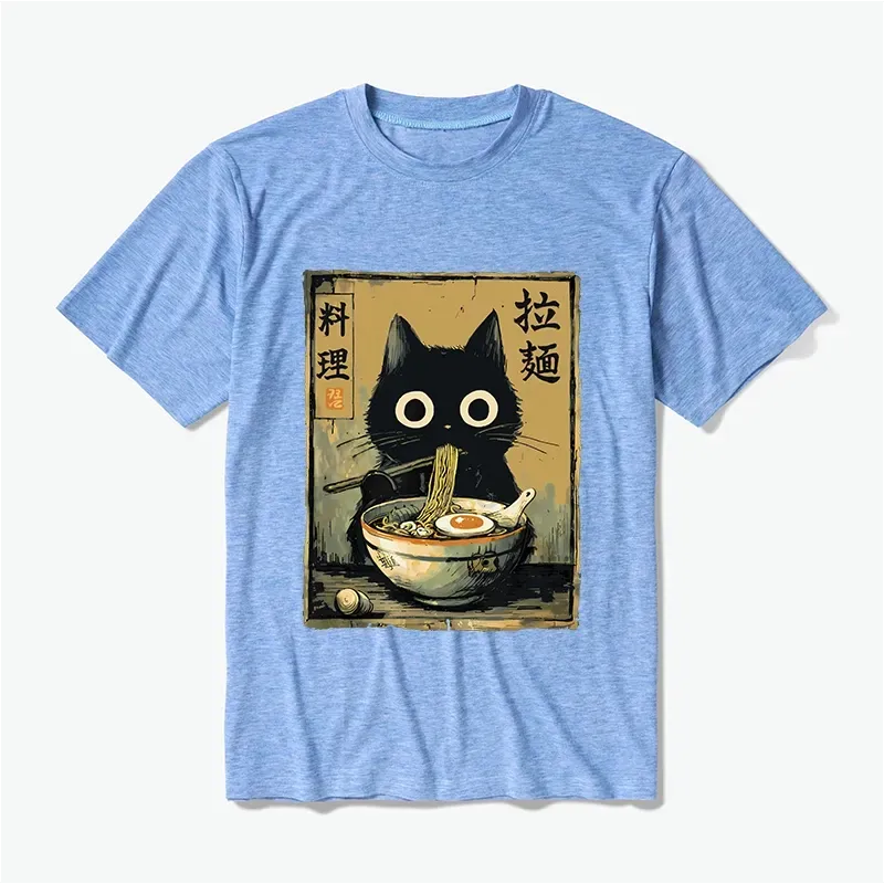 Kyoto-Lion Cute Black Cat Eating Ramen Japan Cotton Blend T-Shirt
