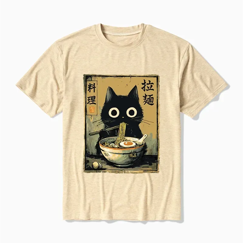 Kyoto-Lion Cute Black Cat Eating Ramen Japan Cotton Blend T-Shirt