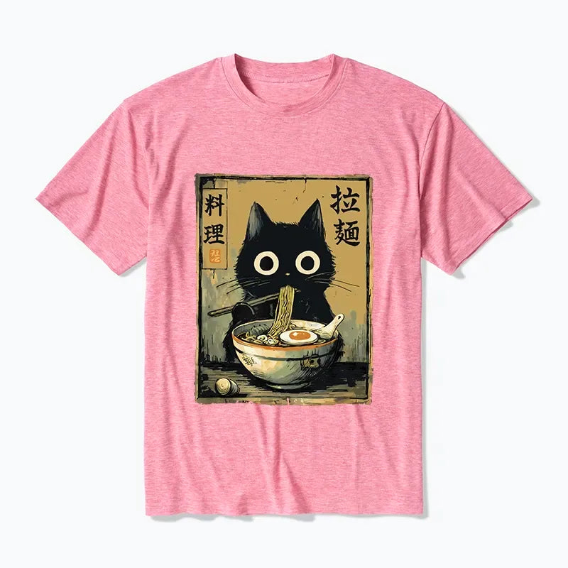 Kyoto-Lion Cute Black Cat Eating Ramen Japan Cotton Blend T-Shirt