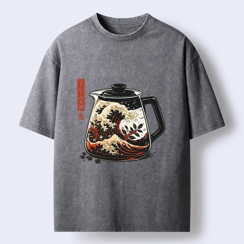 Kyoto-Lion Coffee Pot Great Wave Coffee Beans Art Washed T-Shirt