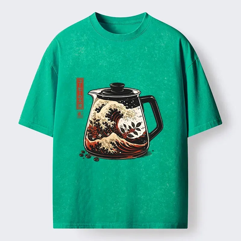 Coffee Pot Great Wave Art Washed Tee