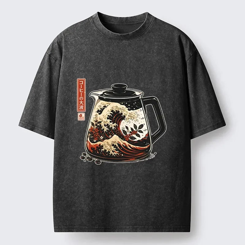Coffee Pot Great Wave Art Washed Tee