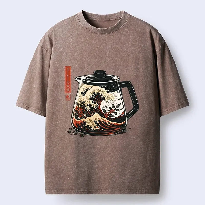 Kyoto-Lion Coffee Pot Great Wave Coffee Beans Art Washed T-Shirt