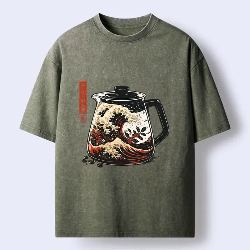 Kyoto-Lion Coffee Pot Great Wave Coffee Beans Art Washed T-Shirt