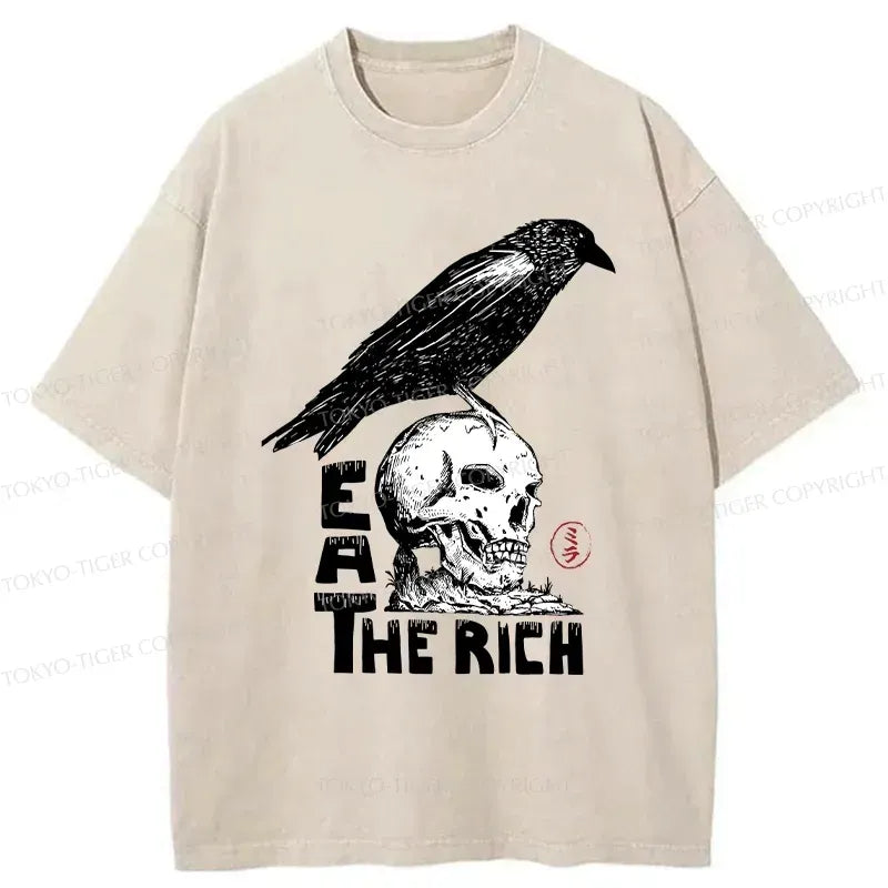 Kyoto-Lion Crow Standing On Skull Washed T-Shirt