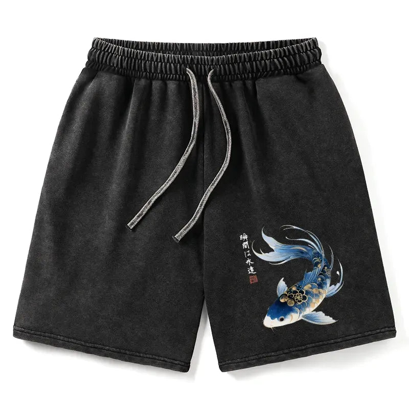 Kyoto-Lion Elegant Koi Fish Watercolor Art Washed Shorts
