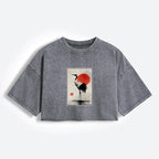 Kyoto-Lion Retro Japanese Red-crowned Crane Women's Washed Crop T-Shirt