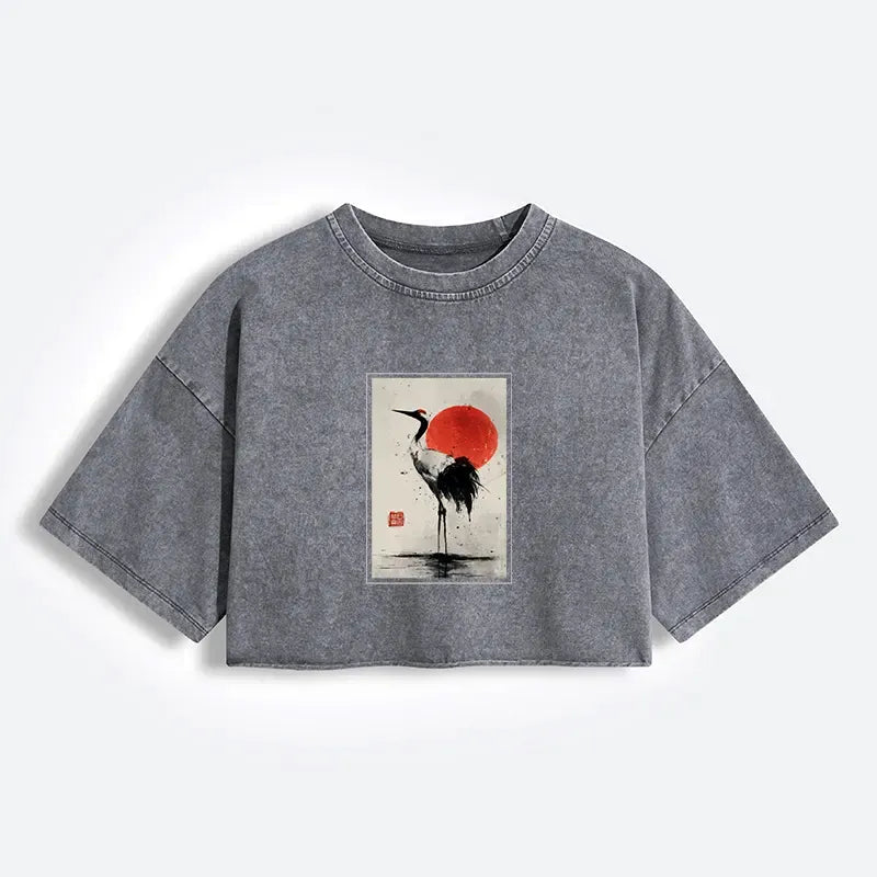 Kyoto-Lion Retro Japanese Red-crowned Crane Women's Washed Crop T-Shirt