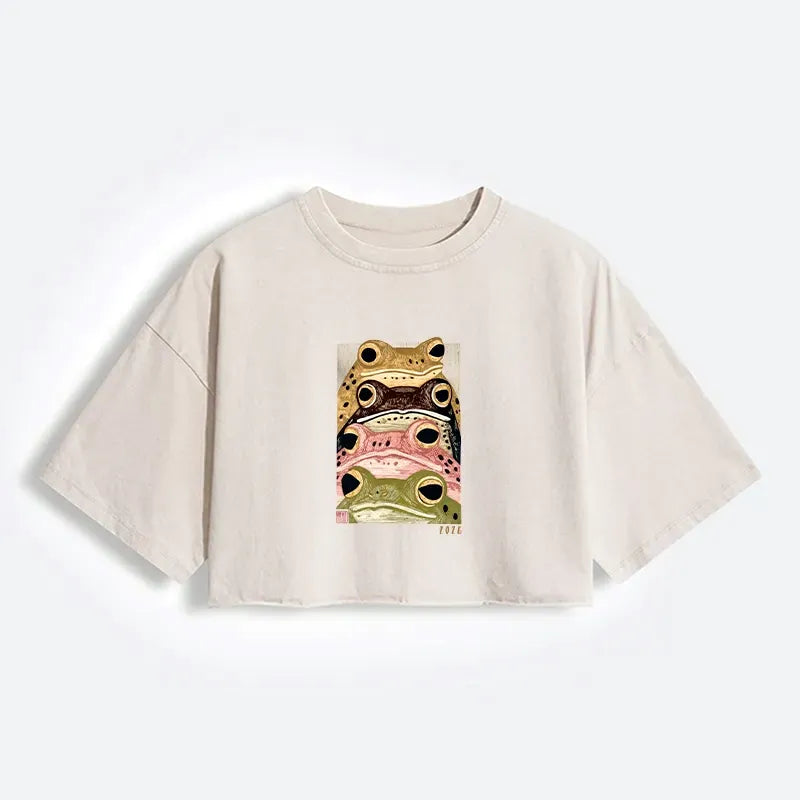 Kyoto-Lion Whimsical Multi Colored Frog Art Women's Washed Crop T-Shirt