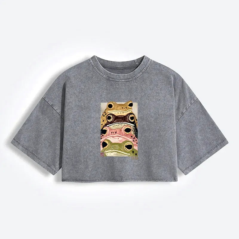 Whimsical Frog Art Washed Crop Top for Women