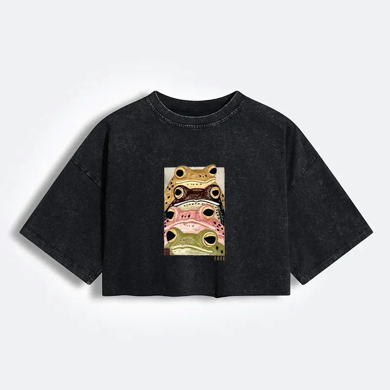 Kyoto-Lion Whimsical Multi Colored Frog Art Women's Washed Crop T-Shirt