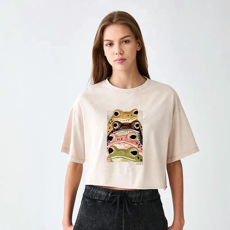 Whimsical Frog Art Washed Crop Top for Women