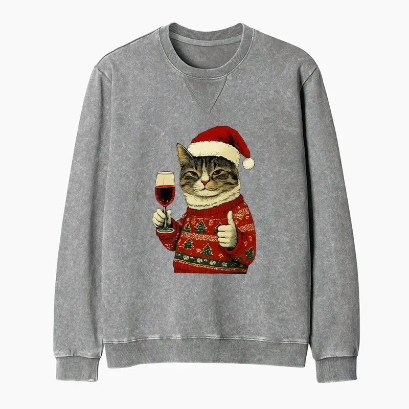 Kyoto-Lion Christmas Cat Likes Washed Terry Sweatshirt