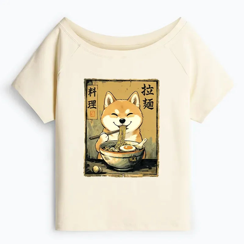 Kyoto-Lion Happy Shiba Eating Ramen Off Shoulder T-Shirt