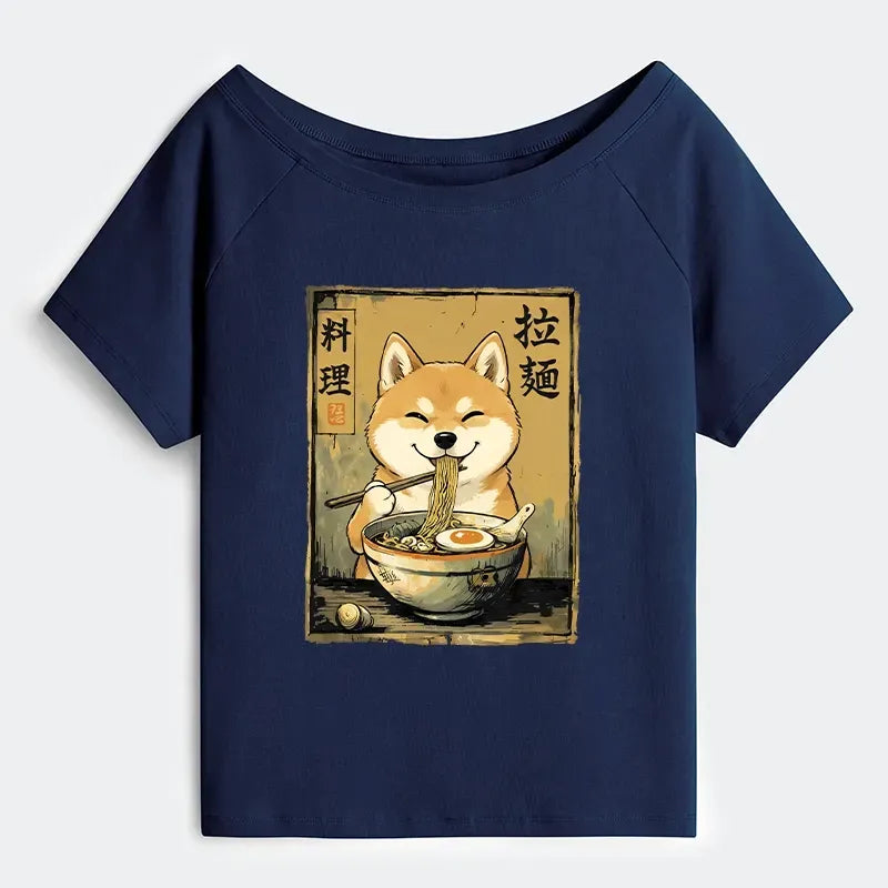 Kyoto-Lion Happy Shiba Eating Ramen Off Shoulder T-Shirt