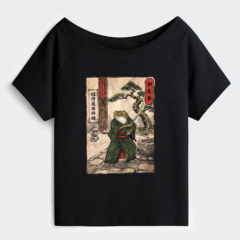 Kyoto-Lion Samurai Frog Training Off Shoulder T-Shirt