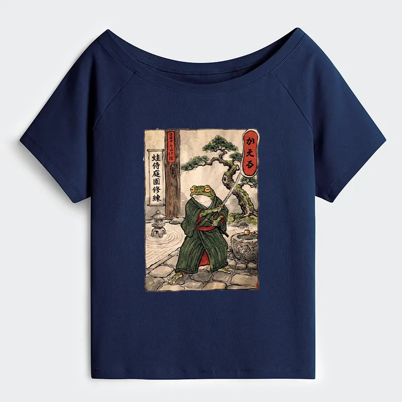 Kyoto-Lion Samurai Frog Training Off Shoulder T-Shirt