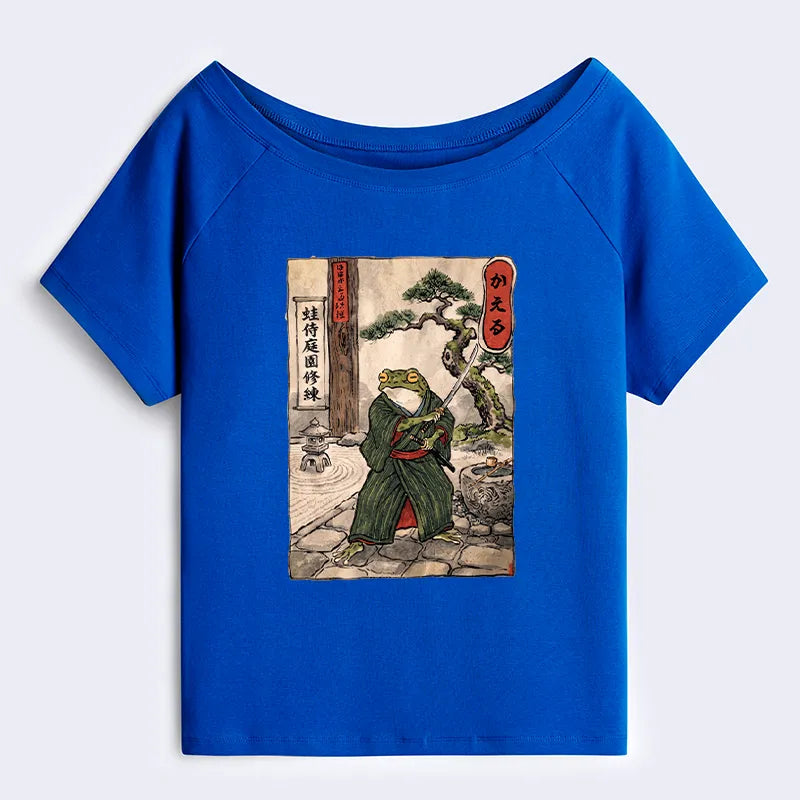 Kyoto-Lion Samurai Frog Training Off Shoulder T-Shirt