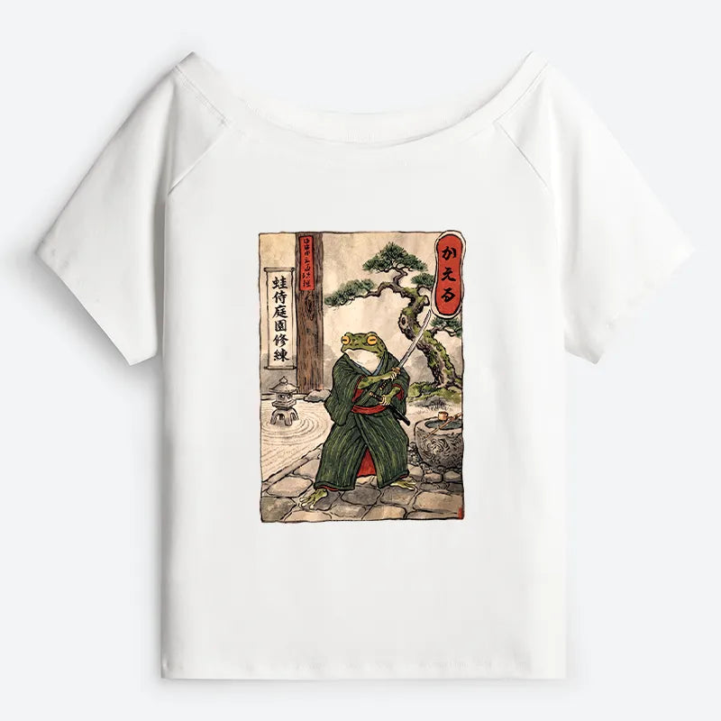Kyoto-Lion Samurai Frog Training Off Shoulder T-Shirt