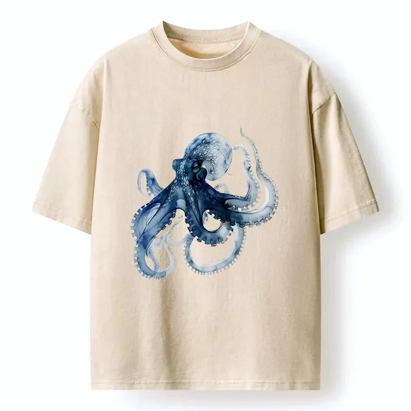 Kyoto-Lion Blue Octopus Washed T-Shirt